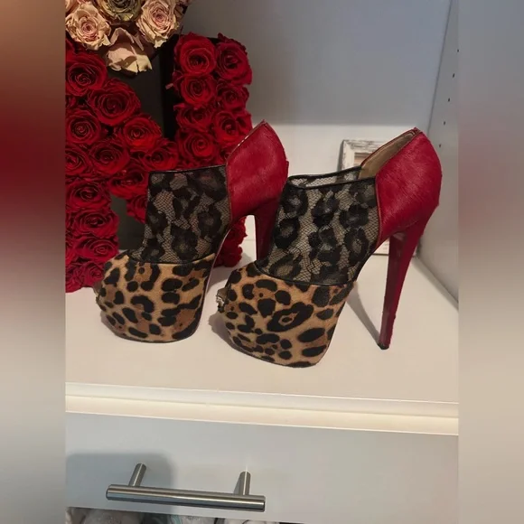 Christian Louboutin Leopard Print/Red Pony Hair and Black Lace Aeronotoc Booties - Picture 11 of 12
